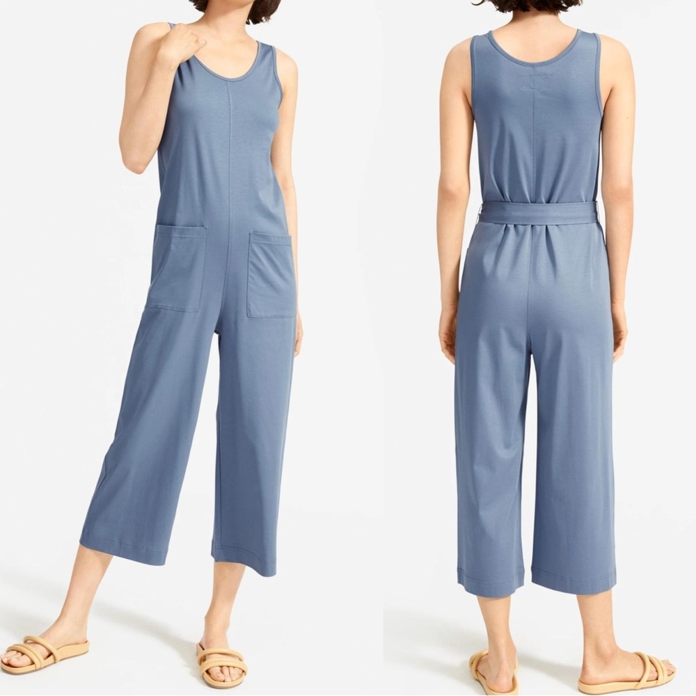 Everlane Luxe Cotton Tank Jumpsuit Blue Dyed Cropped Wide Leg Medium - Picture 2 of 5